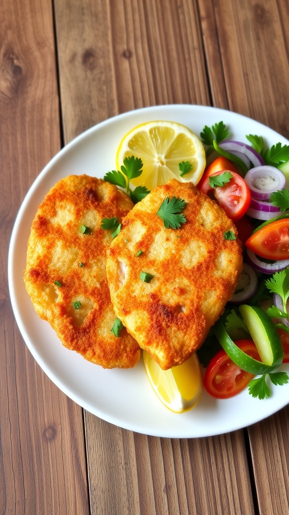 Crispy Italian chicken cutlets on a plate with parsley, salad, and lemon.